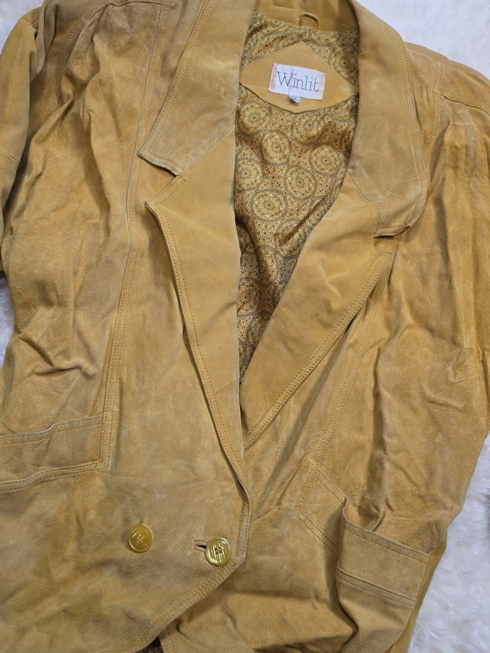 VTG Winlit Mustard Yellow Suede Leather Blazer Jacket 80s Western Boho Size Med